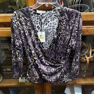 Calvin Klein Purple Paisley & Animal-Print  Mock Wrap Blouse